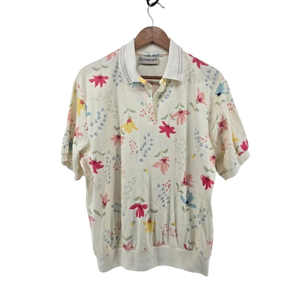 Donnkenny Polo Shirt Womens XL Cream Floral Vintage 90s Short Sleeve Banded Hem